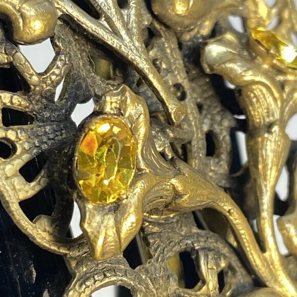 Antique Art Nouveau Fur Clip Dress Pin Filigree Goldtone Floral Rhinestone - Picture 7 of 13